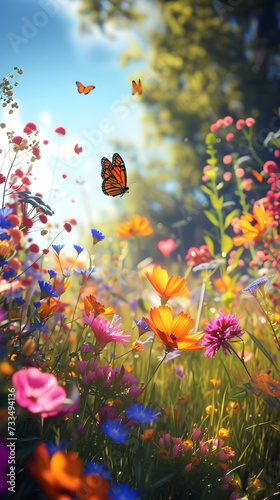 Serene Meadow with Vibrant Array of Flowers and Graceful Butterflies under Sunlit Trees: Concept of Tranquility, Natural Beauty, and Springtime Harmony © Jose