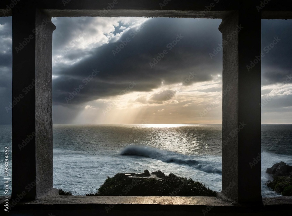 View of stormy sky over the ocean seen through a window View of stormy sky over the ocean seen through a window
