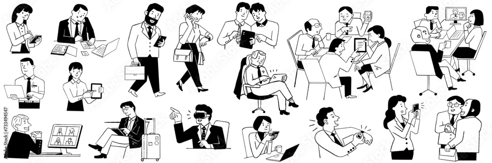 Business people using communication technology equipment, mobile phone or smartphone, computer laptop, long distance live streaming, digital tablet.
Doodle, hand drawn sketch. Business people using communication technology equipment, mobile phone or smartphone, computer laptop, long distance live streaming, digital tablet.
Doodle, hand drawn sketch.