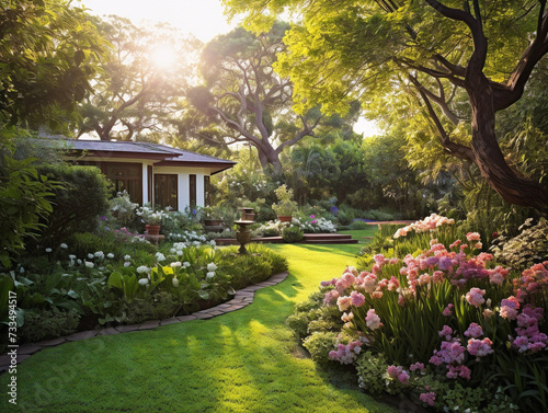 A beautiful, vibrant garden filled with a variety of trees, shrubs, and colorful flowers.