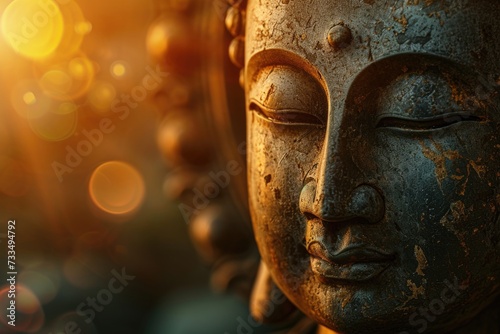 Buddhas serene face symbolizes wisdom and peace in Asian religion.