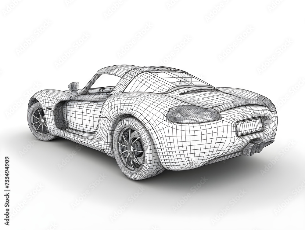 Fototapeta premium Concept of Precision and Innovation: Intricate Wireframe Model of a Sports Car Showcasing Aerodynamic Design and Engineering Expertise in Grayscale