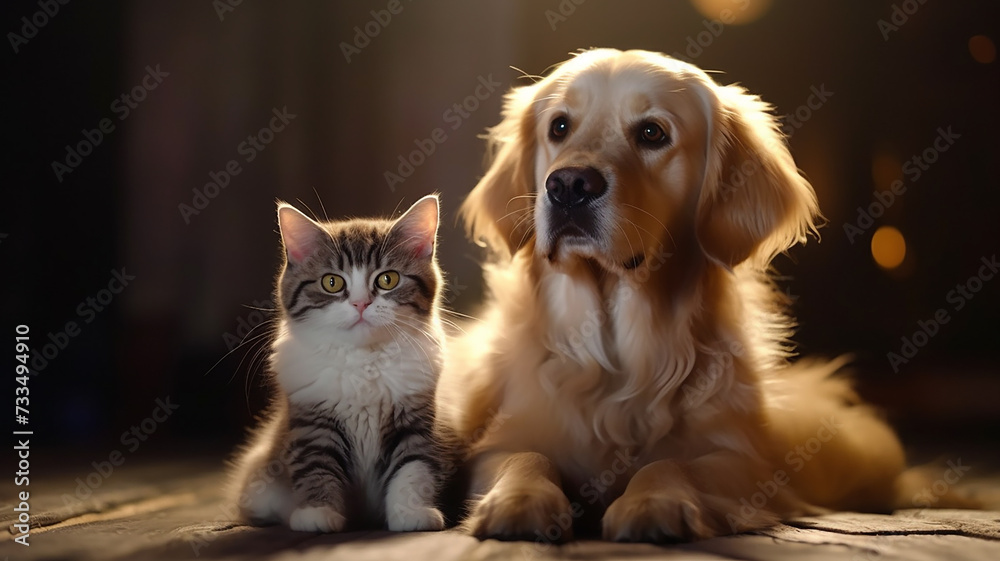 British short hair cat and golden retriever British short hair cat and golden retriever