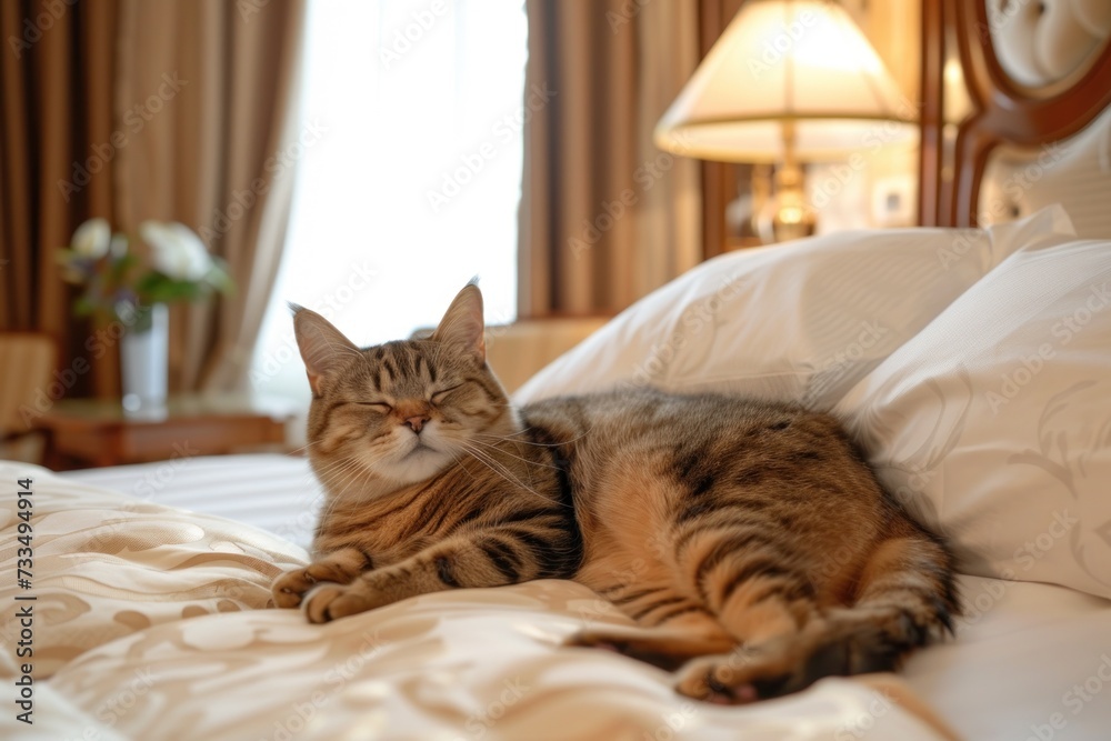 Tabby cat on a luxury bed in a hotel room, eyes closed. a cat in a luxury hotel room, sprawled on a king-sized bed, basking in the comfort of high-end travel Tabby cat on a luxury bed in a hotel room, eyes closed. a cat in a luxury hotel room, sprawled on a king-sized bed, basking in the comfort of high-end travel