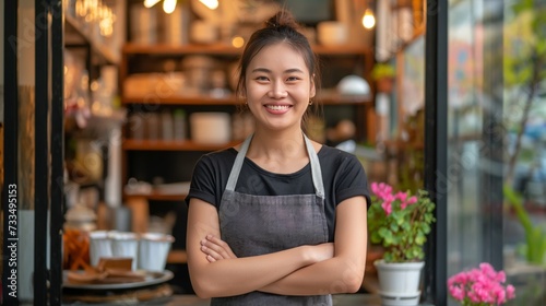Asian waitress young woman wearing apron smiling and looking at camera, Attractive owner female working at cafe in restaurant coffee shop interior feeling cheerful and happy.