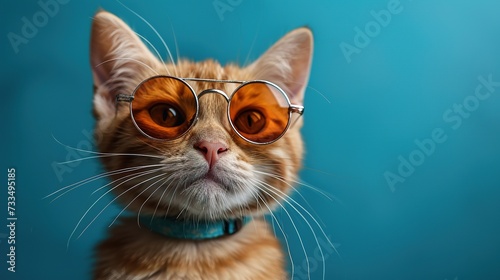Serious cat in sunglasses. Pet with glasses on a blue sunny background. © Vasiliy