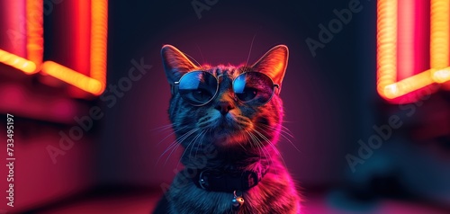 Portrait of gorgeous fluffy red cat wearing moony sunglasses against darkness © Vasiliy