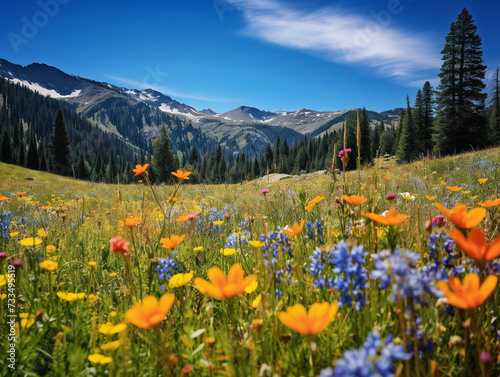 A breathtaking meadow bursting with lively and stunning wildflowers, creating a vivid and captivating landscape.