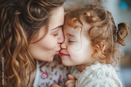 Tender Kiss from a Mother to Her Daughter, Nose Kiss from a Young Mother to Her Baby, Affectionate and Lovely Image on Kiss Day