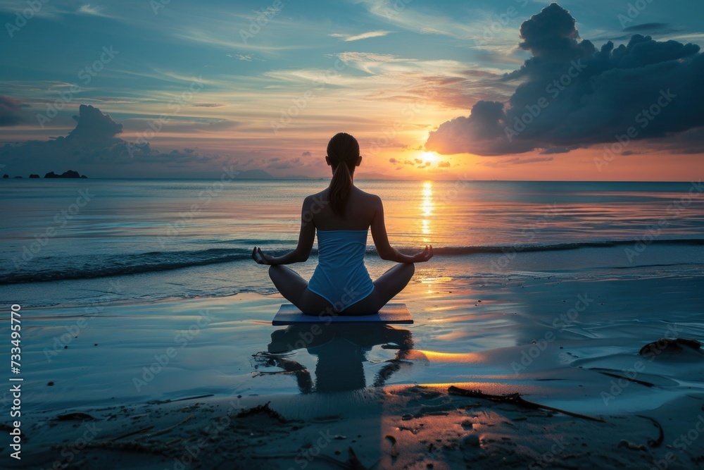 Yoga and meditation by peaceful sunset beach