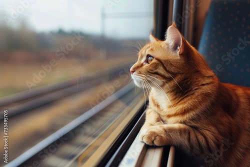 Ginger cat gazing through a train window with a blurred landscape passing by. a cat peering out from a window seat on a train, whiskers twitching at the passing scenery, embarking on a serene journey