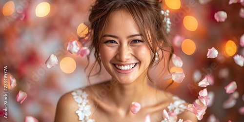 A Radiant Bride Surrounded by a Whirlwind of Rose Petals, Her Smile as Bright as the Moment, Generative AI