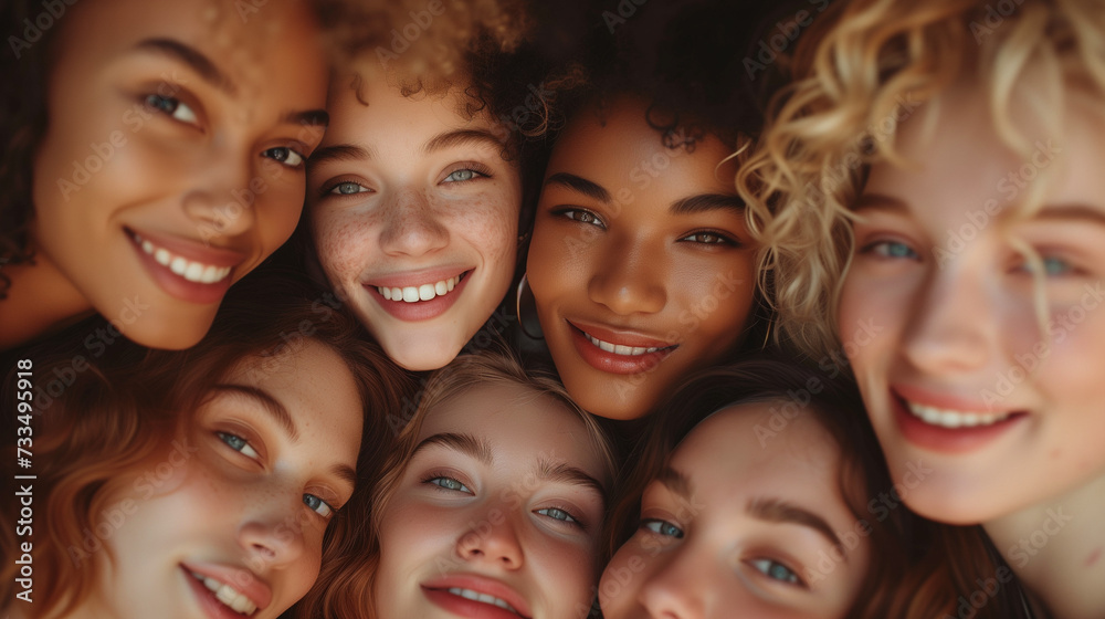a diverse group of woman friends in the studio on a beige background, close up of woman face friends