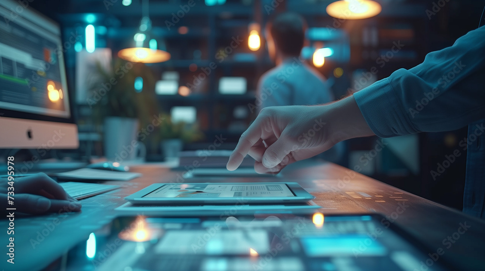 Teamwork meetings with tablets and business people in an office workplace. men hand with tablet Teamwork meetings with tablets and business people in an office workplace. men hand with tablet