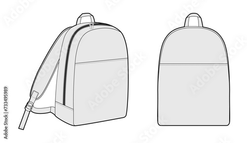 Minimal backpack silhouette bag. Fashion accessory technical illustration. Vector schoolbag front 3-4 view for Men, women, unisex style, flat handbag CAD mockup sketch outline isolated photo