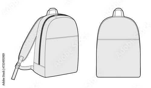 Minimal backpack silhouette bag. Fashion accessory technical illustration. Vector schoolbag front 3-4 view for Men, women, unisex style, flat handbag CAD mockup sketch outline isolated