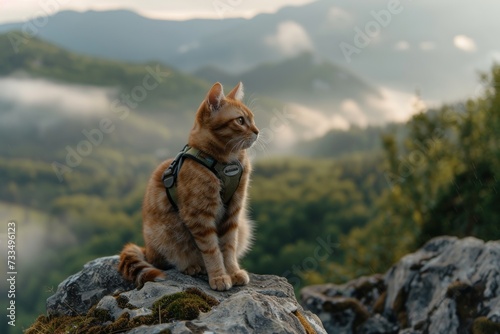 Cat with a harness sitting on a rocky outcrop overlooking misty mountains.