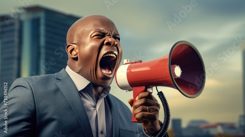 Man with a megaphone protesting on the street