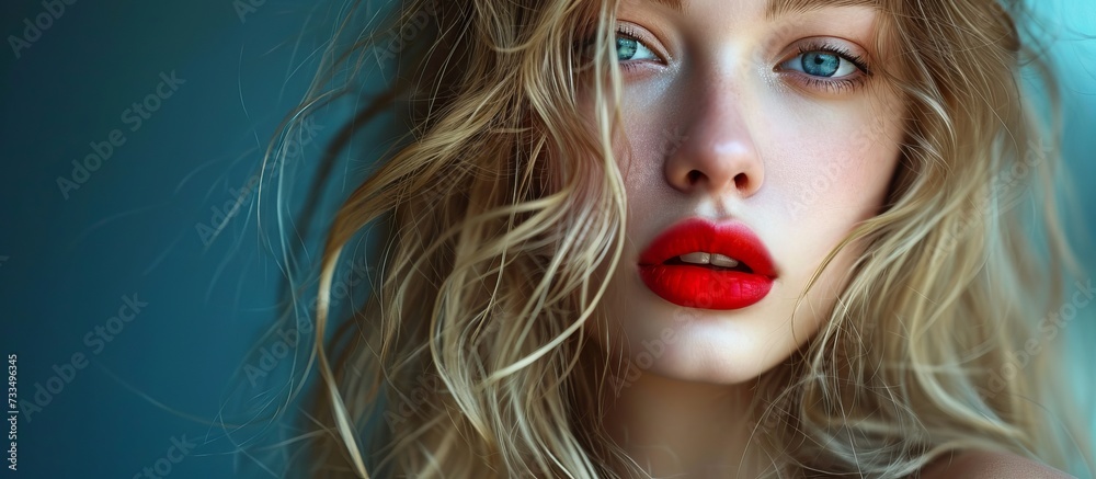 Fototapeta premium Close-up shot of a woman's face showcasing red lips, eyelashes, and a bright smile, with emphasis on her nose, chin, and lipstick.