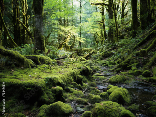 A lush  green forest floor covered in vibrant moss and diverse plant species.
