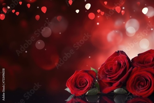 Dark red roses background with luminous bokeh. Love concept for valentines day and wedding. Copy space