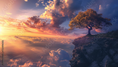 Lone Tree on Cliff Overlooking a Spectacular Cloudy Sunset