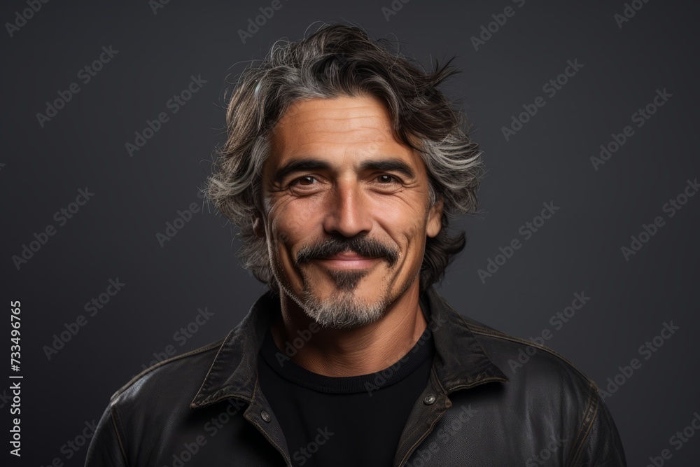 Portrait of a handsome middle-aged man in a black leather jacket.