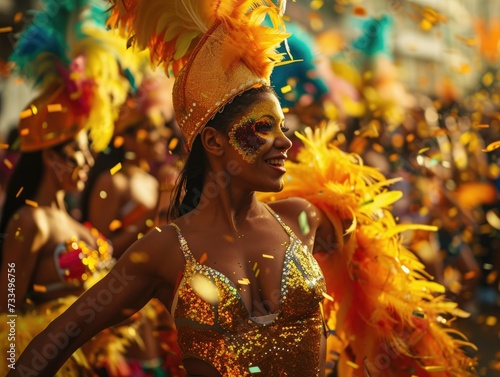 Samba Spectacle: Brazilian Carnival Unveiled - Dancers Bedazzle in Exotic Feather Costumes, Creating a Vibrant Celebration of Rhythm, Culture, and Festive Joy