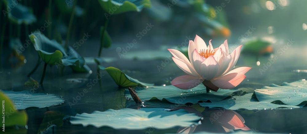 The pond holds a fully bloomed lotus flower.