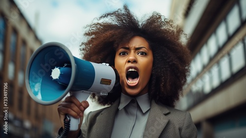 Woman with a megaphone protesting on the street