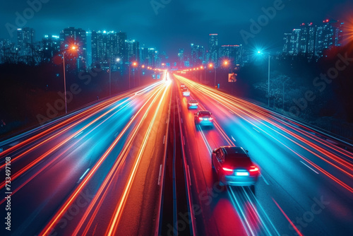 Dynamic streaks of light created by the movement of vehicles on a busy highway at night, symbolizing the constant motion of urban life. Concept of city dynamics. Generative Ai.