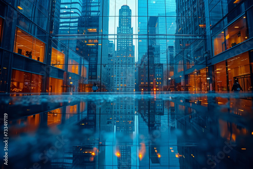 A reflection of skyscrapers on the glass facade of a modern building, illustrating the architectural interplay of reflections. Concept of urban aesthetics. Generative Ai.