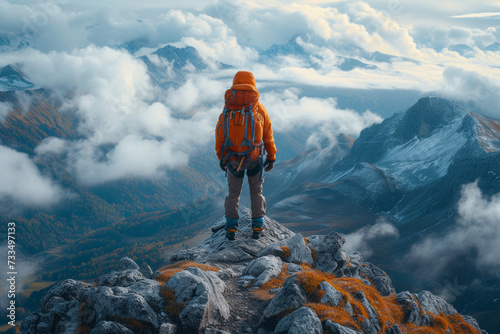 A hiker reaching the summit of a mountain, capturing the triumph and perseverance of personal achievements. Concept of conquering challenges. Generative Ai.