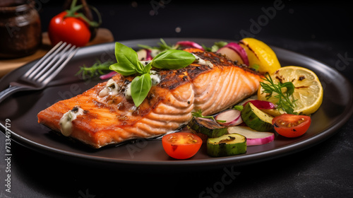Closed up grilled Salmon with cooked Vegetables, Keto friendly salmon with vegetables diet dish, dash diet. Healthy concept, gluten free, lectine free, Generative AI