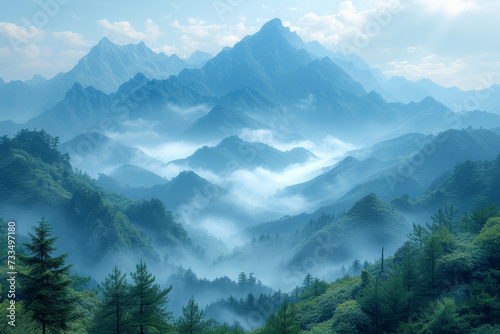 Majestic mountains shrouded in morning mist, evoking a sense of mystery and awe. Concept of the untamed beauty of wilderness. Generative Ai.