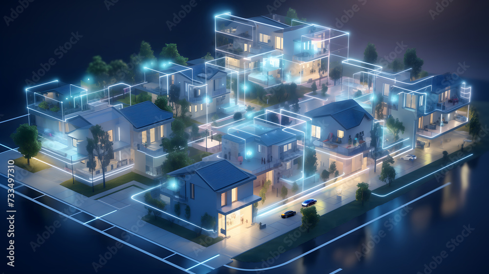 Obraz premium isometric illustration of a residential complex with smart homes and automated living spaces