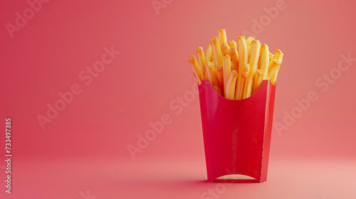 fast food Potatoes fries in a red carton box on pink background with copy space - AI Generated