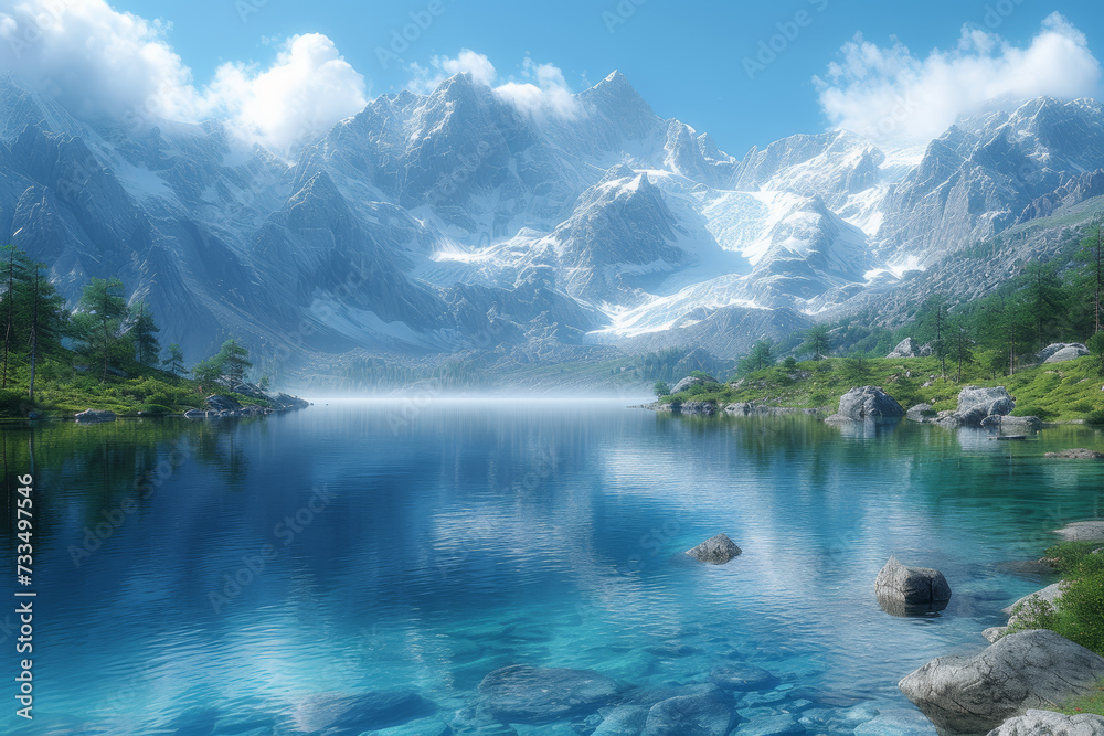 A pristine glacial lake surrounded by snow-capped peaks, underscoring the vulnerability of freshwater resources in alpine regions. Concept of glacial ecosystems. Generative Ai.