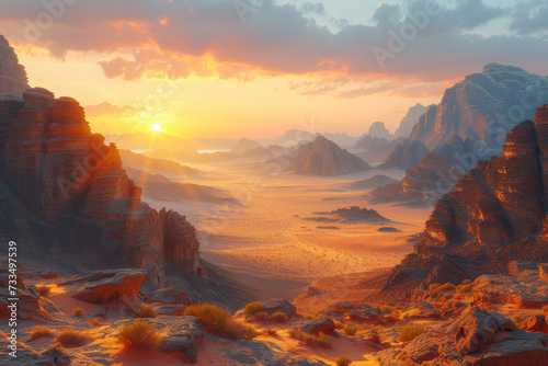 The rugged terrain of a desert landscape bathed in the soft glow of dawn, illustrating the stark beauty of arid environments. Concept of desert sunrise. Generative Ai.