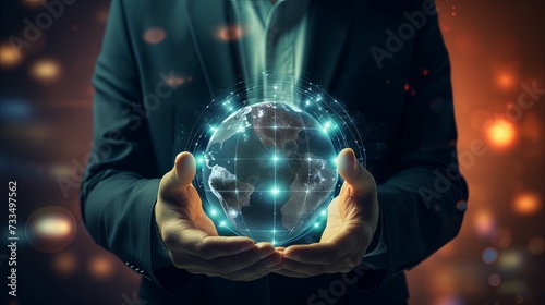 Businessman hand holding The metaverse universe,night grow earth and global online networking connection with data exchanges, global communication network security concept.