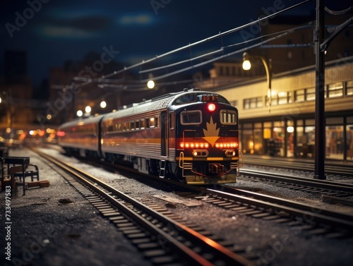 A train on a track at night. Generative AI.