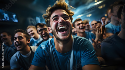 Euphoric Fans Celebrating Victory. An exuberant crowd of young men cheering in triumph, ideal for sports events, team victories, and dynamic advertising campaigns.