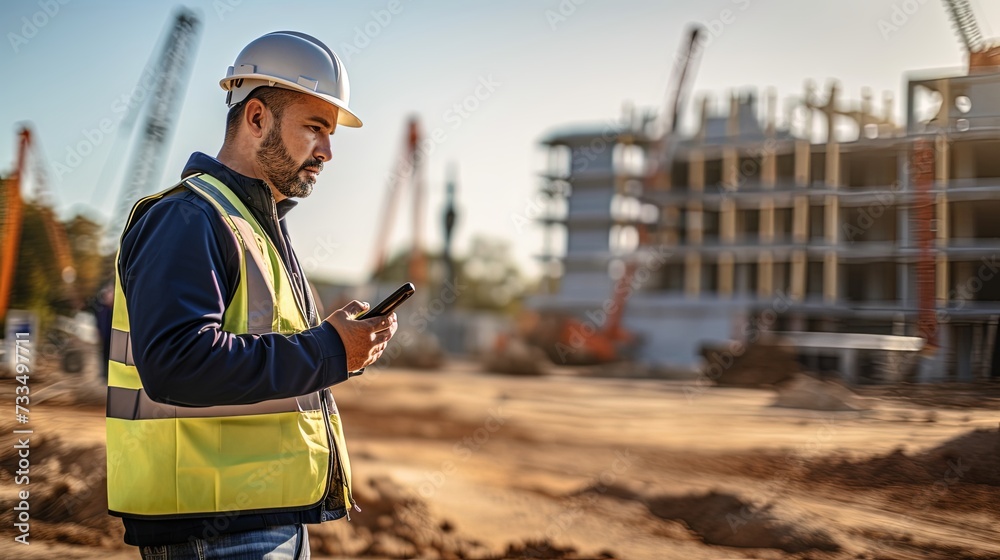 Civil engineer checking work with walkie-talkie for communication to management team in the construction site