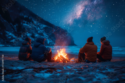 Friends gathered around a bonfire on the beach, toasting marshmallows and creating memories against the backdrop of a starry night. Concept of beachside camaraderie. Generative Ai. photo