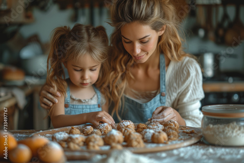 A mother and daughter baking together in the kitchen, capturing the essence of shared traditions and culinary experiences. Concept of familial cooking. Generative Ai.