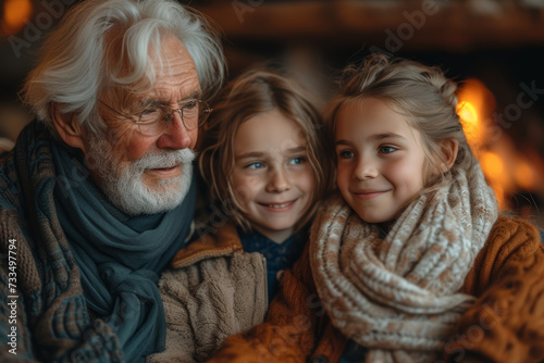 Grandparents sharing stories with their grandchildren around a fireplace, illustrating the passing down of family history. Concept of intergenerational storytelling. Generative Ai.