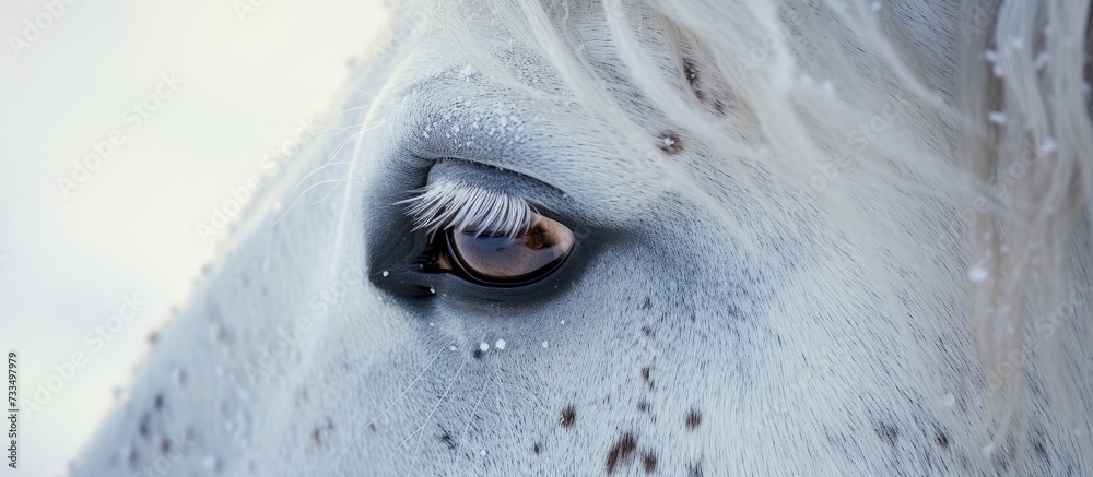 Stunning Winter Portrait: Close-Up of Majestic White Horse in Winter Bliss