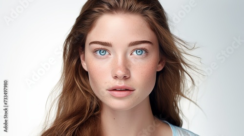 Front portrait of beautiful young woman with beautiful blue eyes and face - on white background