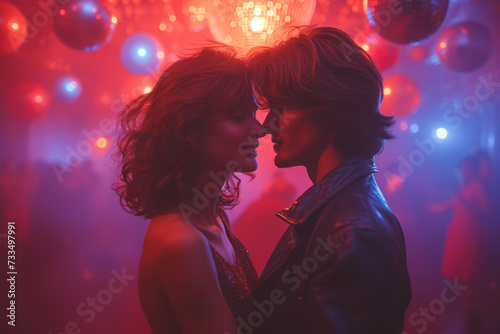 A couple dancing under a dimly lit disco ball, capturing the groovy atmosphere of a 70s-themed party. Concept of disco fever. Generative Ai.