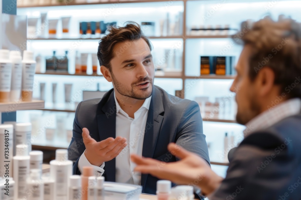 Two men discussing skincare products in a modern store. A salesperson discussing skincare products with a male customer. emphasizing personalized skin care solutions